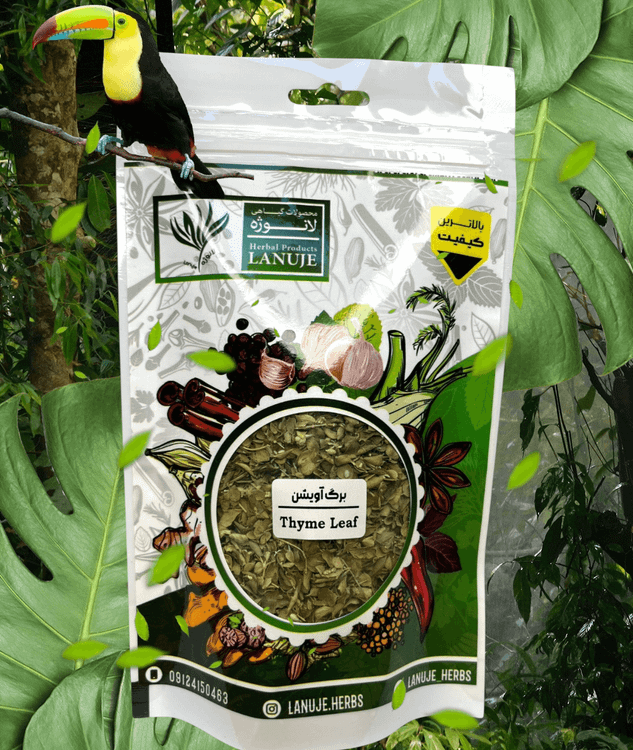 جزئیات لیبل Thyme Leaf روی پاکت برگ آویشن شیرازی خشک لانوژه ۳۰ گرمی