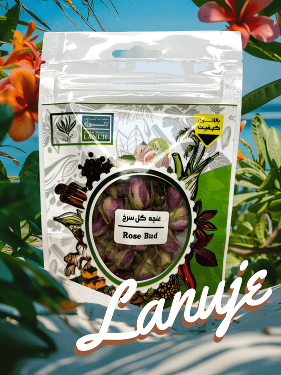 نمای نزدیک غنچه گل سرخ خشک ایرانی لانوژه (Rosa damascena) در بسته ۱۰ گرمی