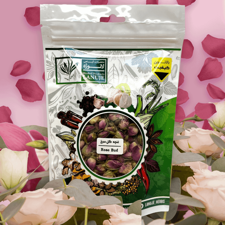پاکت غنچه گل سرخ خشک ممتاز لانوژه (Rosa damascena) در وزن ۴۰ گرمی با لیبل Rose Bud