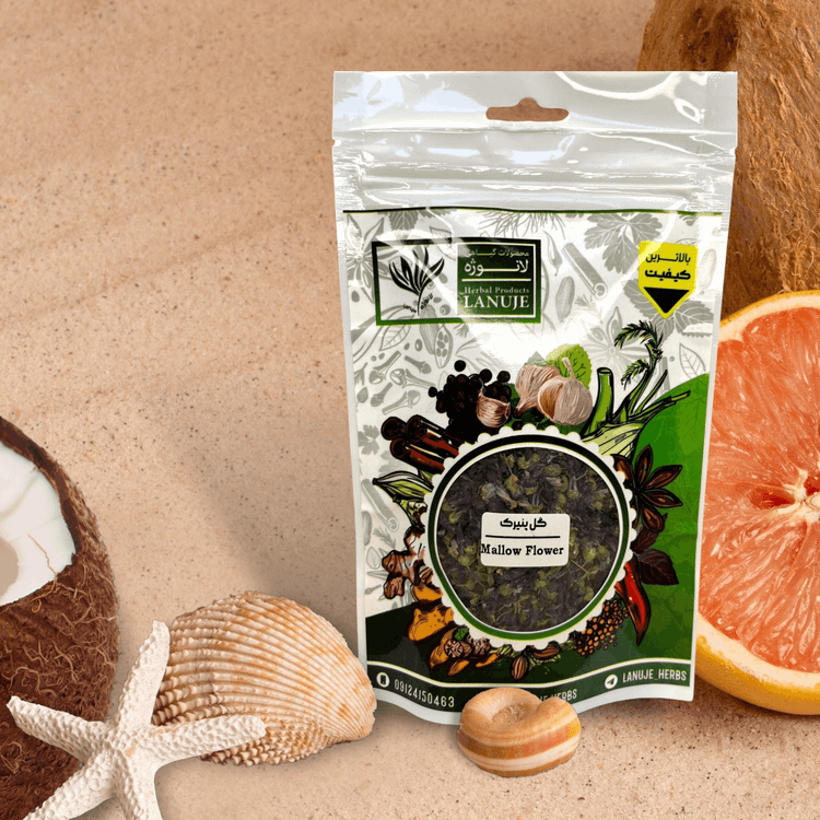 جزئیات لیبل Mallow Flower روی پاکت گل پنیرک خشک لانوژه (Malva sylvestris) ۲۰ گرمی