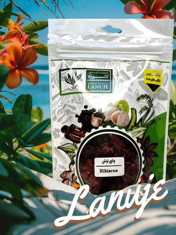 نمای نزدیک چای ترش خشک ایرانی لانوژه (Hibiscus sabdariffa) در بستهبندی زیپدار ۲۰ گرمی