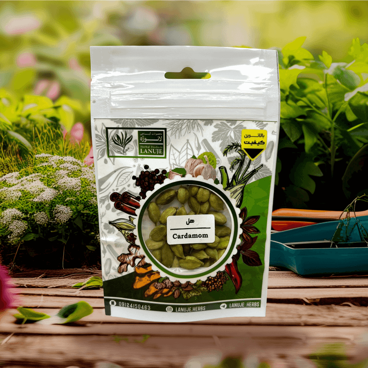 جزئیات لیبل Cardamom روی پاکت هل سبز هندی لانوژه (Elettaria cardamomum) ۱۰ گرمی