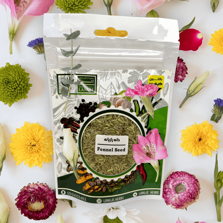 نمای نزدیک دانه رازیانه ایرانی لانوژه (Foeniculum vulgare) در بستهبندی ۴۰ گرمی با پاکت زیپدار