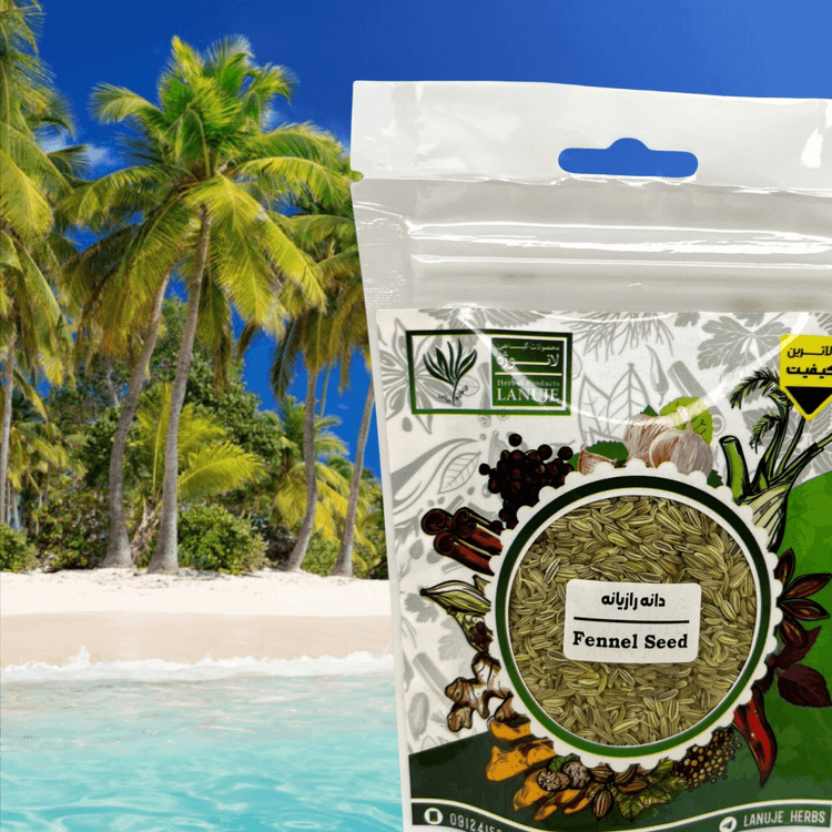 جزئیات لیبل Fennel Seed روی پاکت دانه رازیانه لانوژه (Foeniculum vulgare) ۴۰ گرمی