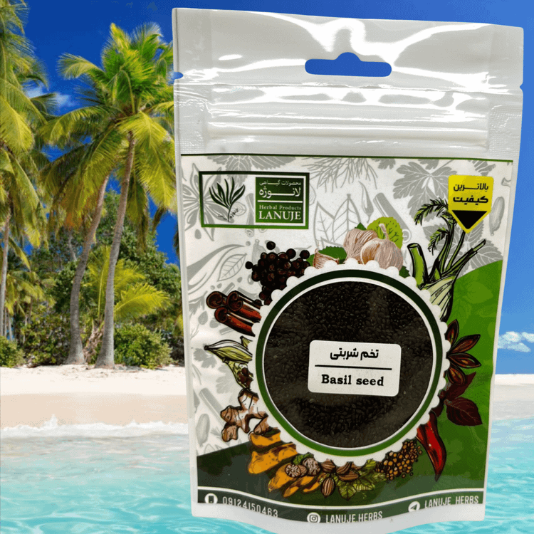 جزئیات لیبل Basil seeds روی پاکت تخم شربتی لانوژه (Ocimum basilicum) ۶۰ گرمی
