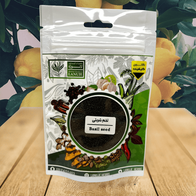 زاویه ساده پاکت ۶۰ گرمی تخم شربتی ایرانی لانوژه (Ocimum basilicum) با نوع دانه