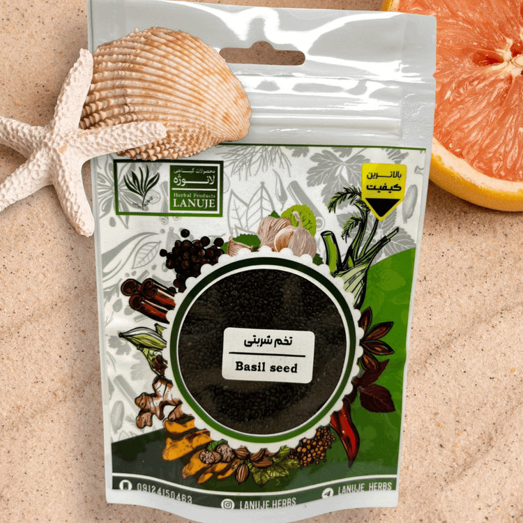 تخم شربتی ایرانی لانوژه (Ocimum basilicum) در پاکت زیپدار ۶۰ گرمی برای فروش آنلاین